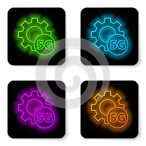 Glowing neon line Setting 5G new wireless internet wifi connection icon isolated on white background. Global network