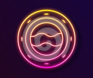 Glowing neon line Ship porthole with rivets and seascape outside icon isolated on black background. Vector