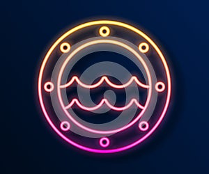 Glowing neon line Ship porthole with rivets and seascape outside icon isolated on black background. Vector