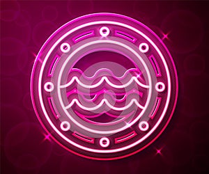 Glowing neon line Ship porthole with rivets and seascape outside icon isolated on red background. Vector