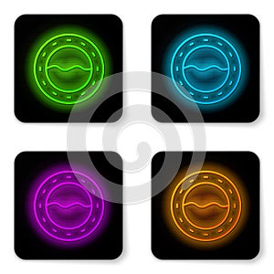 Glowing neon line Ship porthole with rivets and seascape outside icon isolated on white background. Black square button