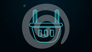 Glowing neon line Shopping basket icon isolated on black background. Food store, supermarket. 4K Video motion graphic