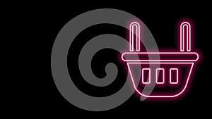 Glowing neon line Shopping basket icon isolated on black background. Food store, supermarket. 4K Video motion graphic