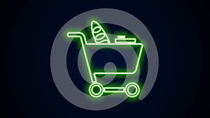 Glowing neon line Shopping cart and food icon isolated on black background. Food store, supermarket. 4K Video motion