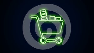 Glowing neon line Shopping cart and food icon isolated on black background. Food store, supermarket. 4K Video motion