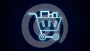 Glowing neon line Shopping cart and food icon isolated on black background. Food store, supermarket. 4K Video motion