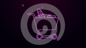 Glowing neon line Shopping cart and food icon isolated on purple background. Food store, supermarket. 4K Video motion