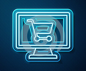 Glowing neon line Shopping cart on screen computer icon isolated on blue background. Concept e-commerce, e-business