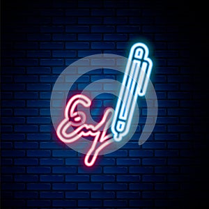 Glowing neon line Signature line icon isolated on brick wall background. Pen and undersign, underwrite, ratify symbol