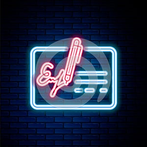 Glowing neon line Signed document line icon isolated on brick wall background. Pen signing a contract with signature