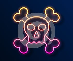 Glowing neon line Skull on crossbones icon isolated on black background. Happy Halloween party. Vector