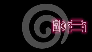 Glowing neon line Smart car alarm system icon isolated on black background. The smartphone controls the car security on