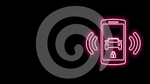 Glowing neon line Smart car alarm system icon isolated on black background. The smartphone controls the car security on