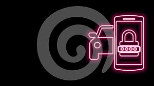 Glowing neon line Smart car security system icon isolated on black background. The smartphone controls the car security