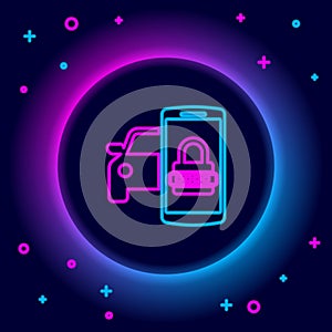Glowing neon line Smart car security system icon isolated on black background. The smartphone controls the car security