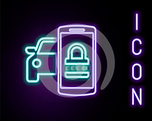 Glowing neon line Smart car security system icon isolated on black background. The smartphone controls the car security