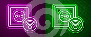 Glowing neon line Smart electrical outlet system icon isolated on purple and green background. Power socket. Internet of