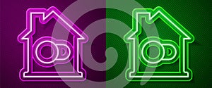 Glowing neon line Smart home icon isolated on purple and green background. Remote control. Vector