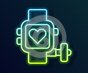 Glowing neon line Smart watch showing heart beat rate icon isolated on black background. Fitness App concept. Vector