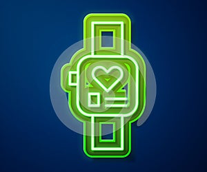 Glowing neon line Smart watch showing heart beat rate icon isolated on blue background. Fitness App concept. Vector