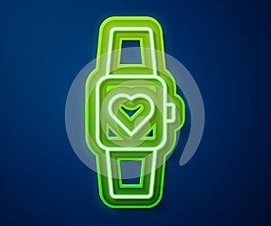 Glowing neon line Smart watch showing heart beat rate icon isolated on blue background. Fitness App concept. Vector