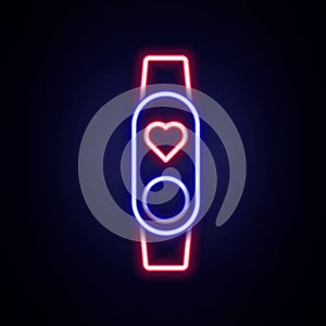 Glowing neon line Smart watch showing heart beat rate icon isolated on brick wall background. Fitness App concept