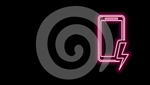 Glowing neon line Smartphone charging battery icon isolated on black background. Phone with a low battery charge. 4K