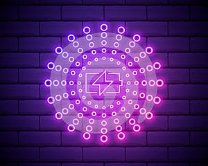 Glowing neon line Smartphone charging on wireless charger icon isolated on brick wall background. Charging battery on
