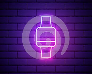 Glowing neon line Smartwatch with wireless symbol icon isolated on brick wall background. Colorful outline concept
