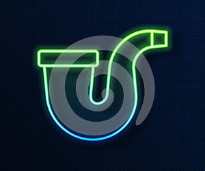 Glowing neon line Smoking pipe with smoke icon isolated on blue background. Tobacco pipe. Vector