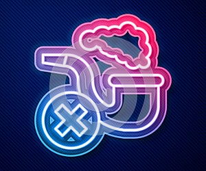 Glowing neon line Smoking pipe with smoke icon isolated on blue background. Tobacco pipe. Vector