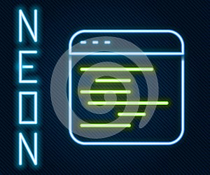 Glowing neon line Software, web developer programming code icon isolated on black background. Javascript computer script