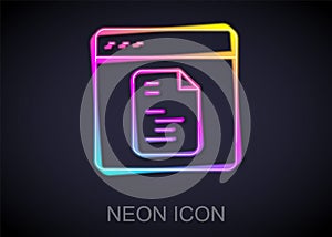 Glowing neon line Software, web developer programming code icon isolated on black background. Javascript computer script