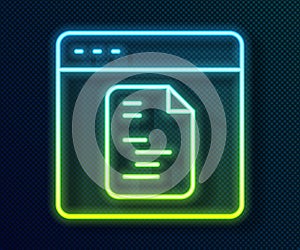 Glowing neon line Software, web developer programming code icon isolated on black background. Javascript computer script