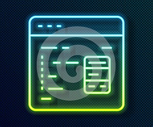 Glowing neon line Software, web developer programming code icon isolated on black background. Javascript computer script