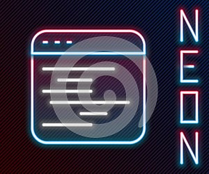 Glowing neon line Software, web developer programming code icon isolated on black background. Javascript computer script