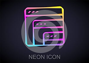 Glowing neon line Software, web developer programming code icon isolated on black background. Javascript computer script