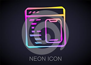 Glowing neon line Software, web developer programming code icon isolated on black background. Javascript computer script