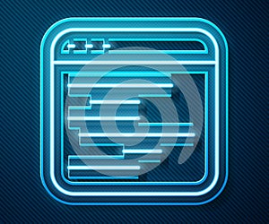 Glowing neon line Software, web developer programming code icon isolated on blue background. Javascript computer script