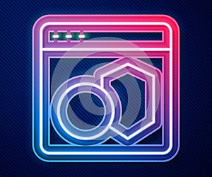 Glowing neon line Software, web developer programming code icon isolated on blue background. Javascript computer script