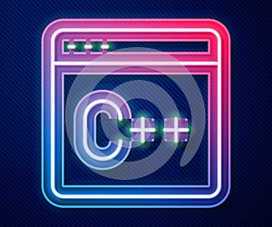 Glowing neon line Software, web developer programming code icon isolated on blue background. Javascript computer script