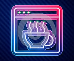 Glowing neon line Software, web developer programming code icon isolated on blue background. Javascript computer script