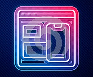 Glowing neon line Software, web developer programming code icon isolated on blue background. Javascript computer script