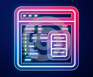 Glowing neon line Software, web developer programming code icon isolated on blue background. Javascript computer script