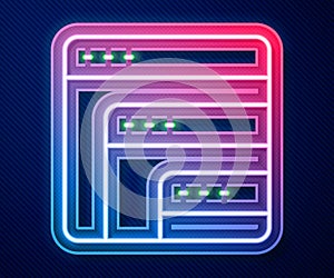 Glowing neon line Software, web developer programming code icon isolated on blue background. Javascript computer script