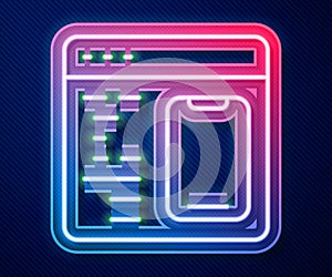Glowing neon line Software, web developer programming code icon isolated on blue background. Javascript computer script