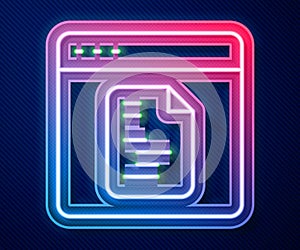 Glowing neon line Software, web developer programming code icon isolated on blue background. Javascript computer script