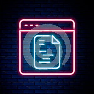 Glowing neon line Software, web developer programming code icon isolated on brick wall background. Javascript computer