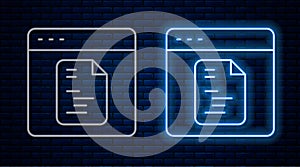 Glowing neon line Software, web developer programming code icon isolated on brick wall background. Javascript computer