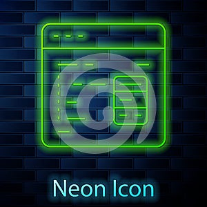Glowing neon line Software, web developer programming code icon isolated on brick wall background. Javascript computer